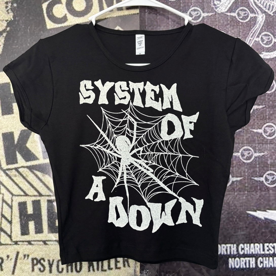 System down webs black crop baby tee