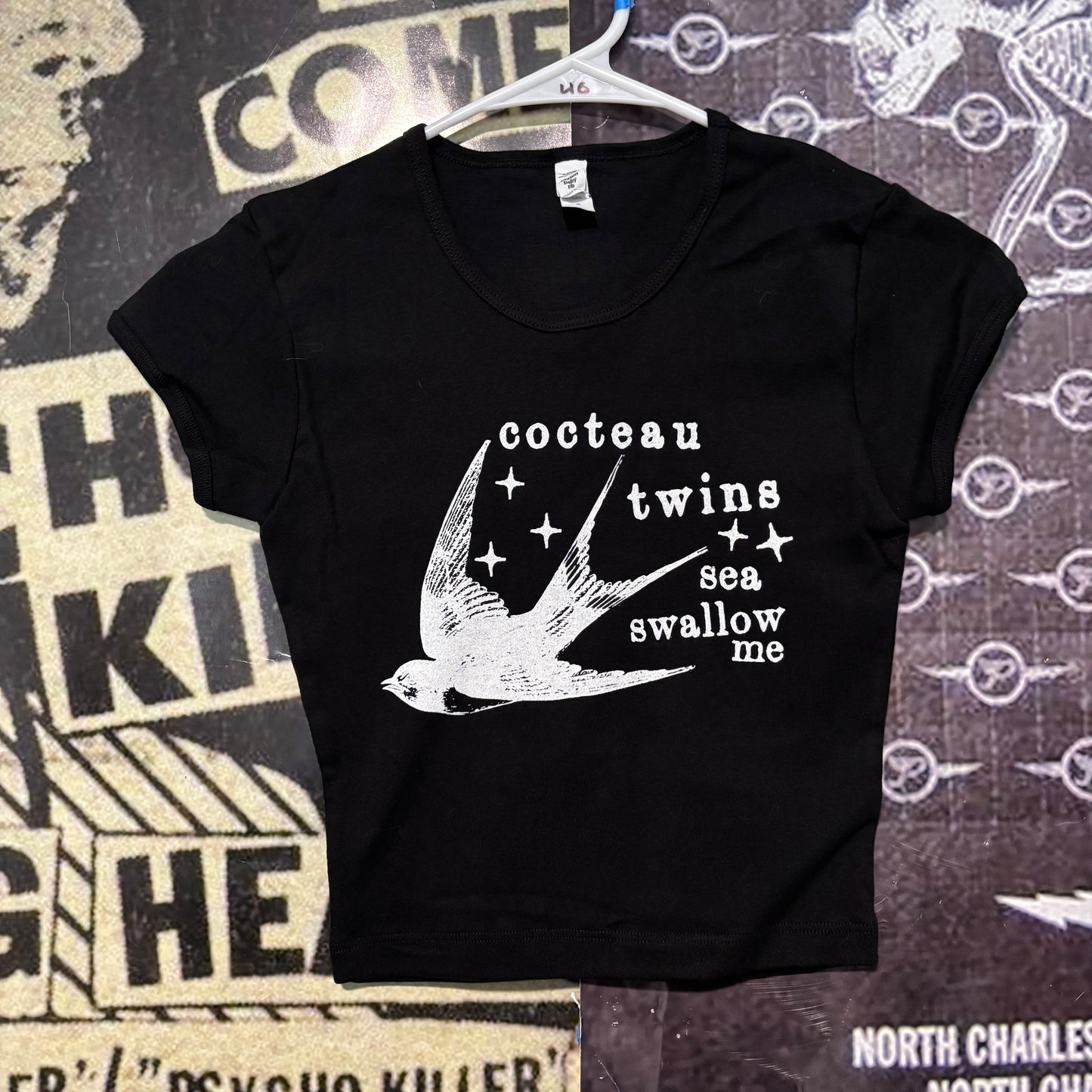 COCTEAU TWINS SWALLOW BLACK CROP BABY TEE