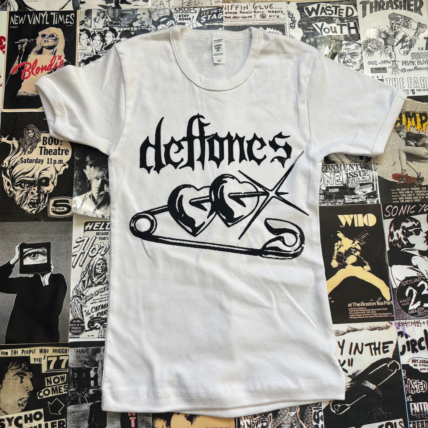Deftones white long baby tee XS