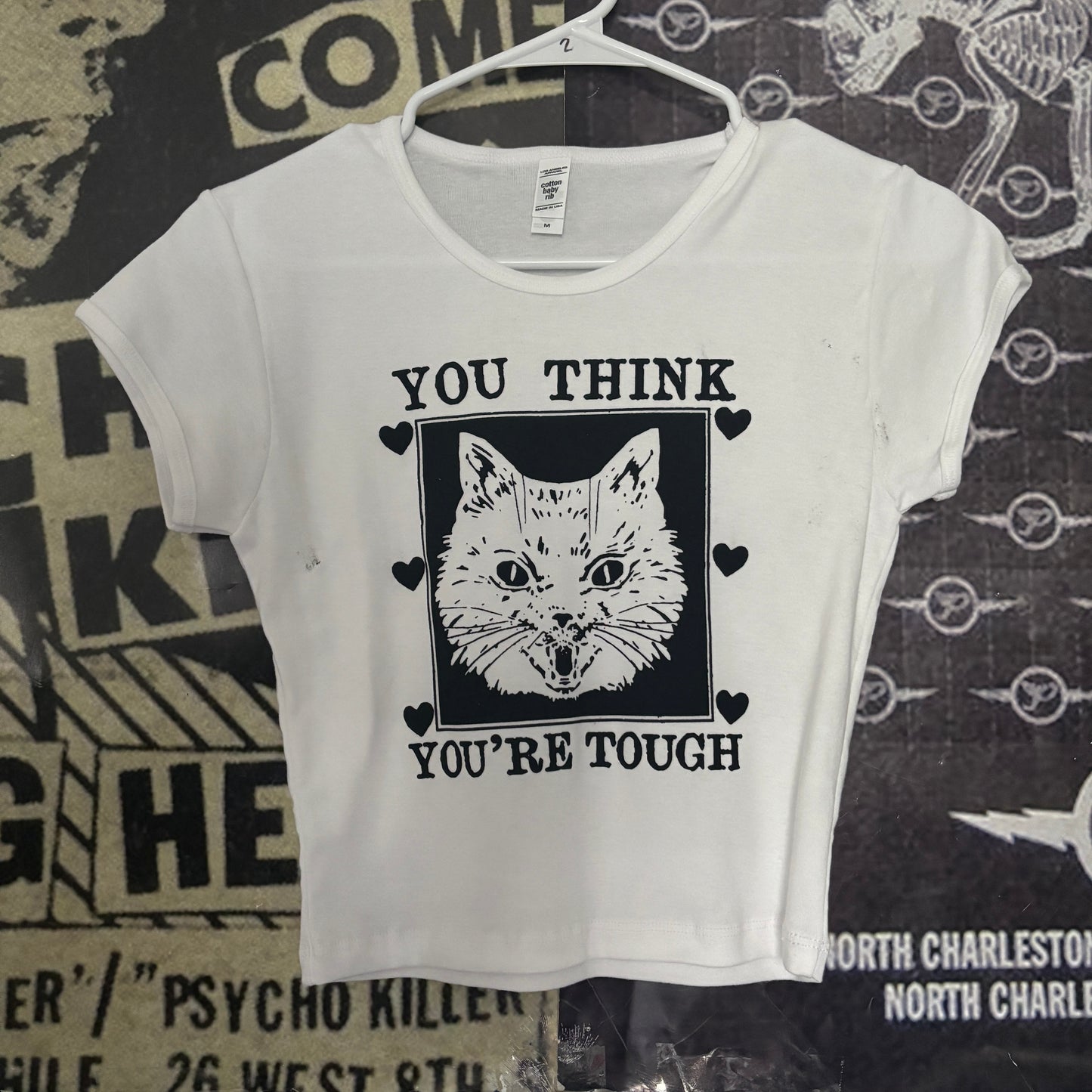 Tough cat white crop baby tee