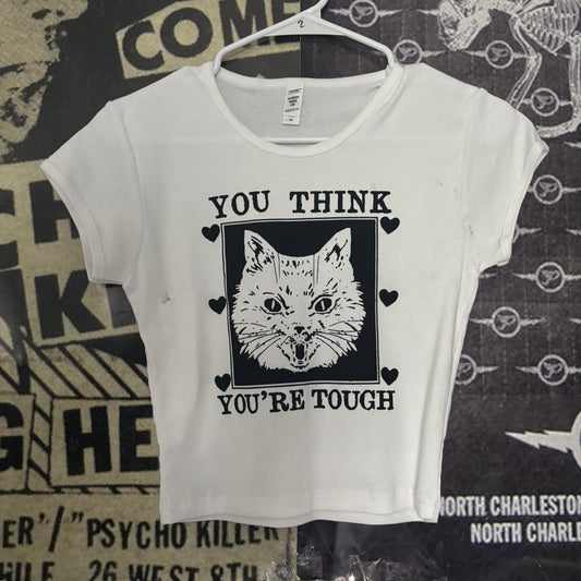 Tough cat white crop baby tee